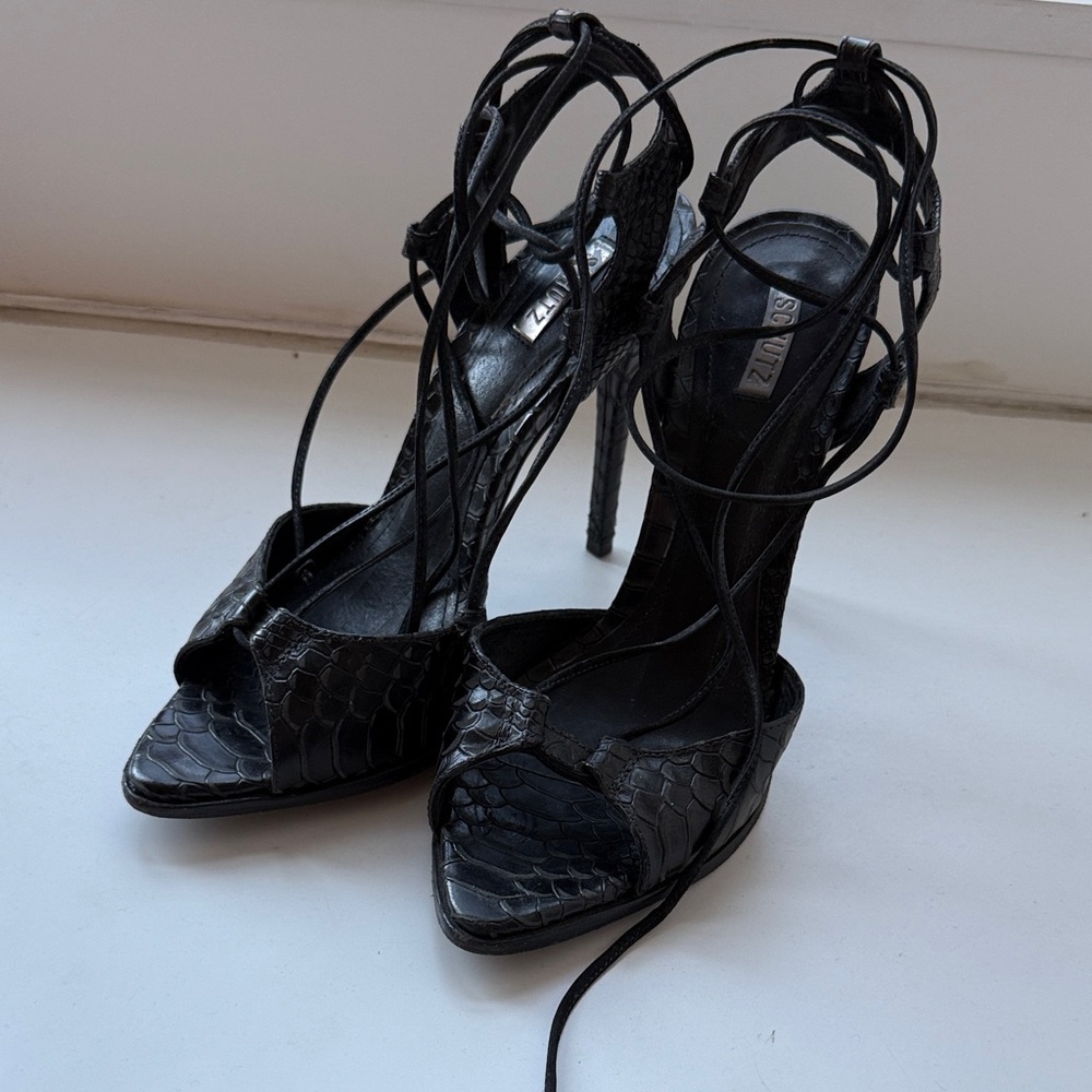 SCHUTZ Black Snakeskin Lace-Up Heels